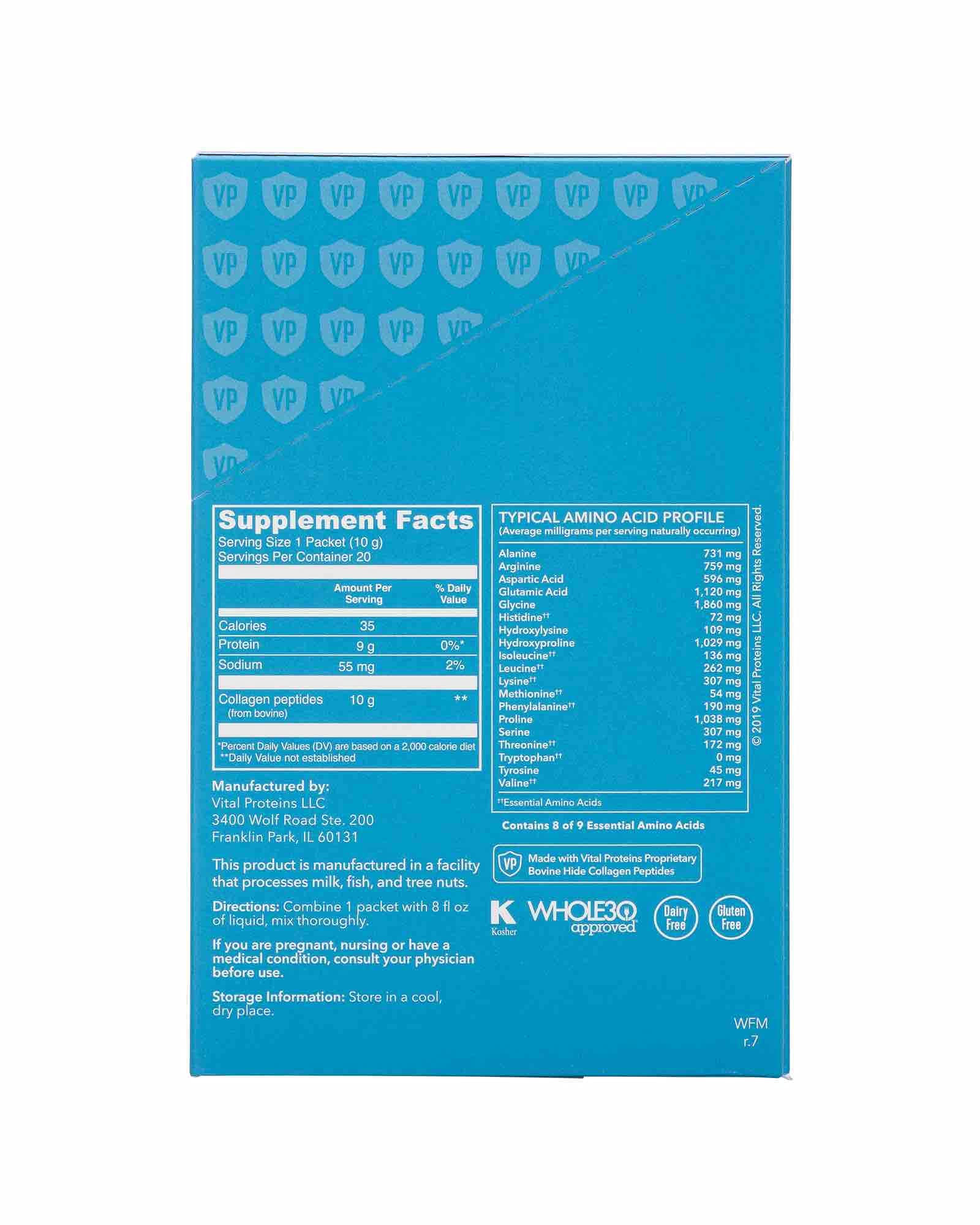 Grass-fed collagen source in Vital Proteins product, sourced in the United States