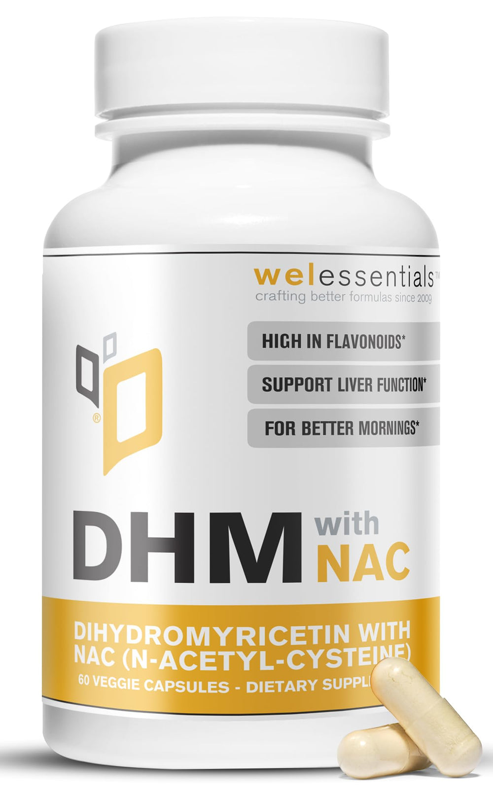 Front view of WELESSENTIALS DHM NAC bottle