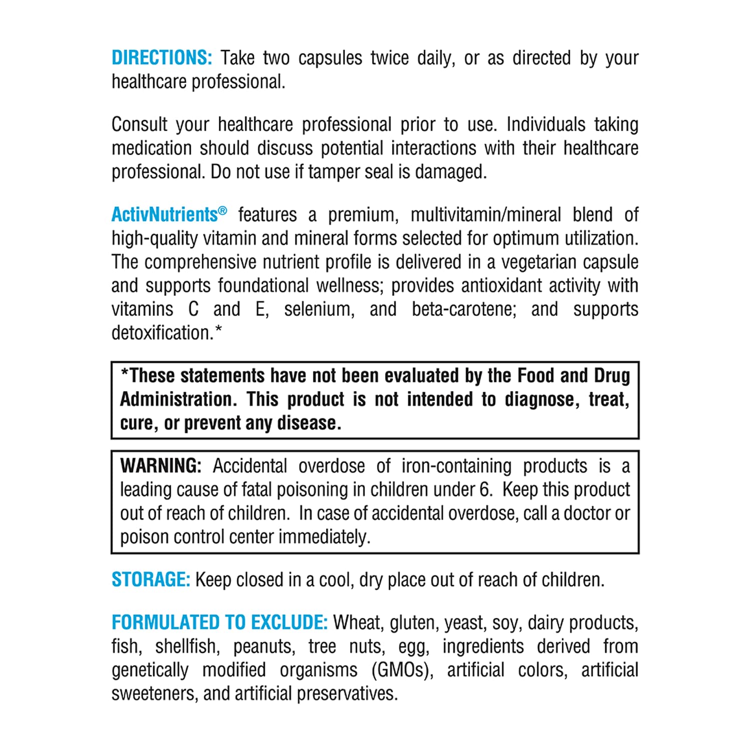 Product packaging with listed exclusions on the label