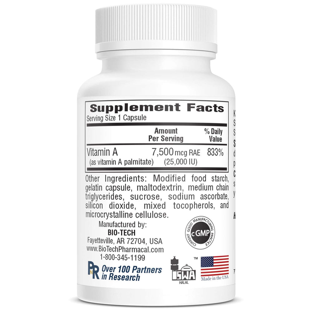 Bottle with A-25 Vitamin A Palmitate label details