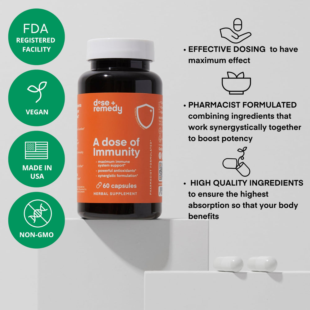 Box and bottle of A Dose of Immunity displayed together