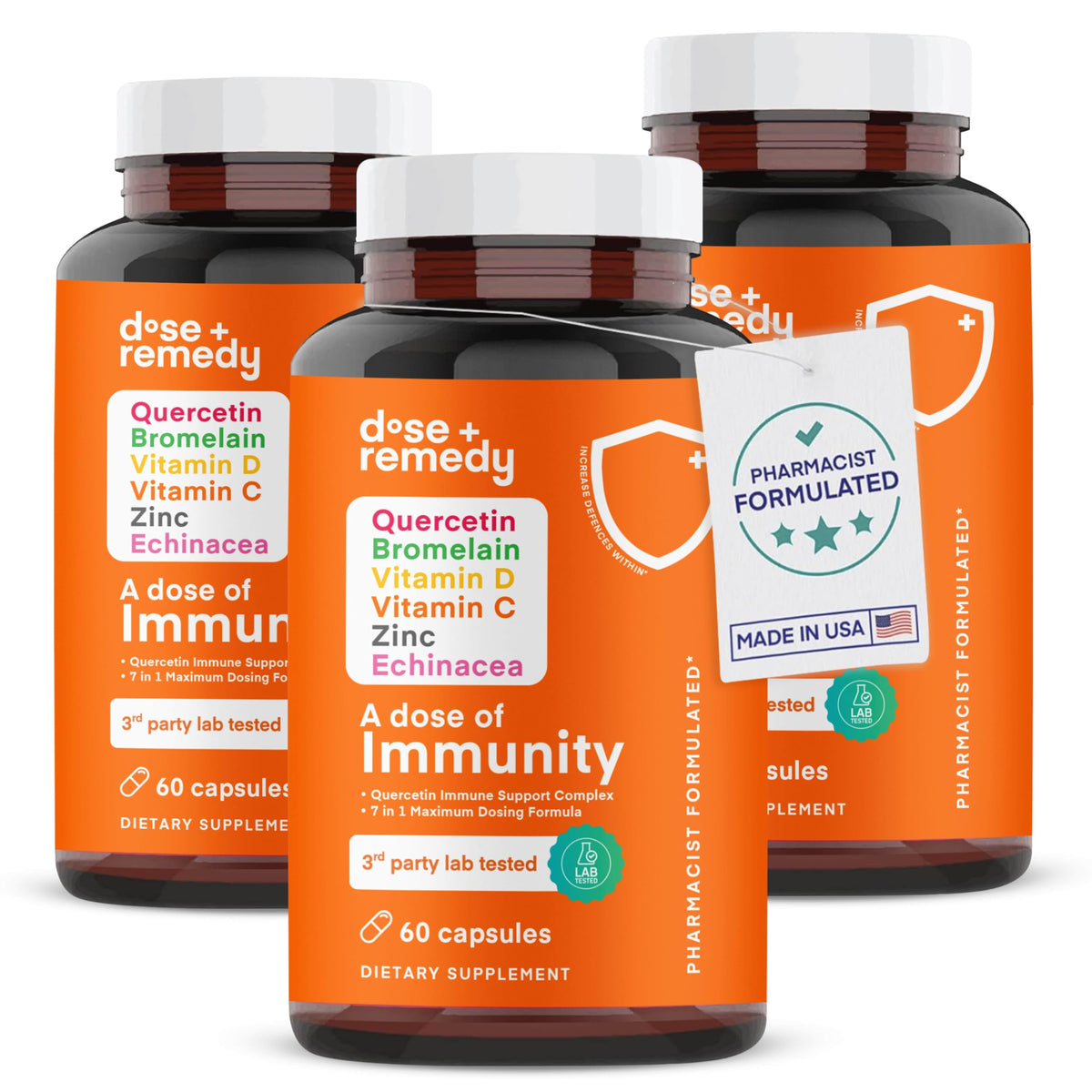 Front label of A Dose of Immunity quercetin supplement bottle