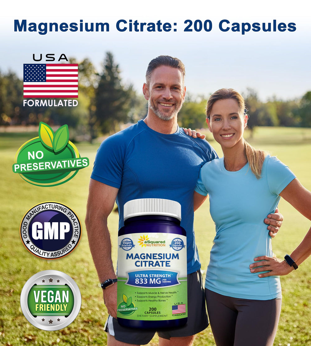Bottle showing 200 vegan magnesium citrate capsules