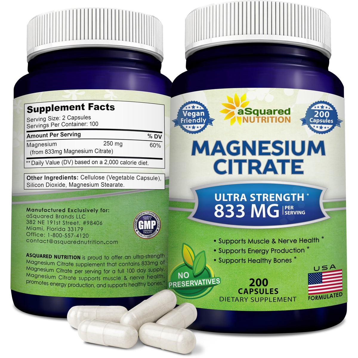 Front view of aSquared Nutrition Magnesium Citrate bottle and capsules