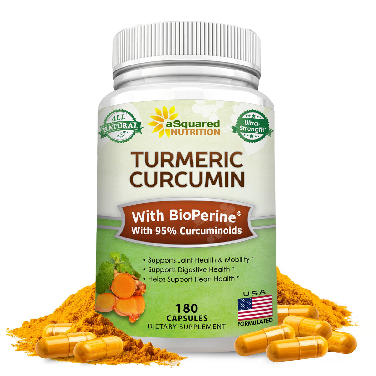 Front view of aSquared Nutrition Turmeric Curcumin bottle