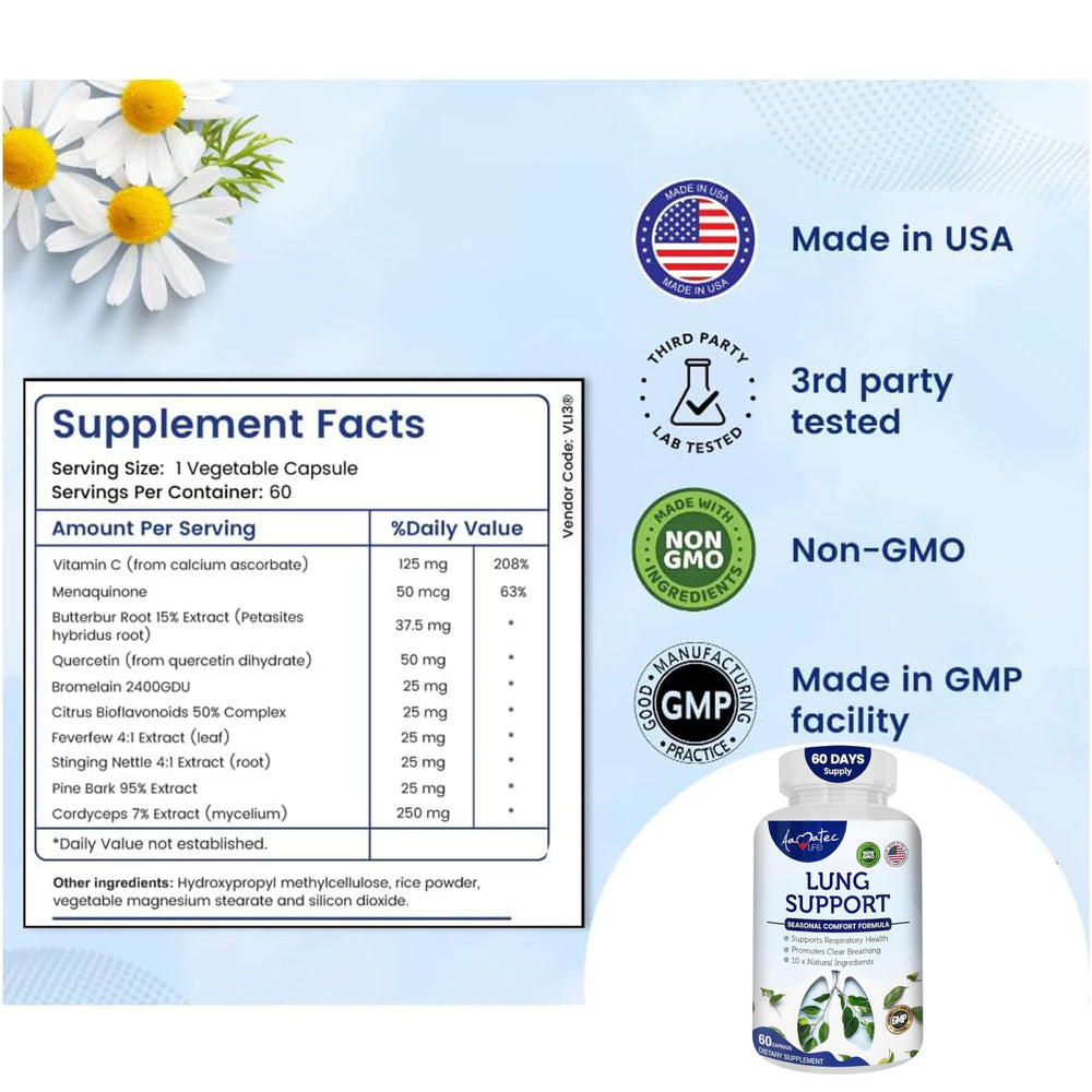 Label highlighting 10 active ingredients including Vitamin C and Quercetin