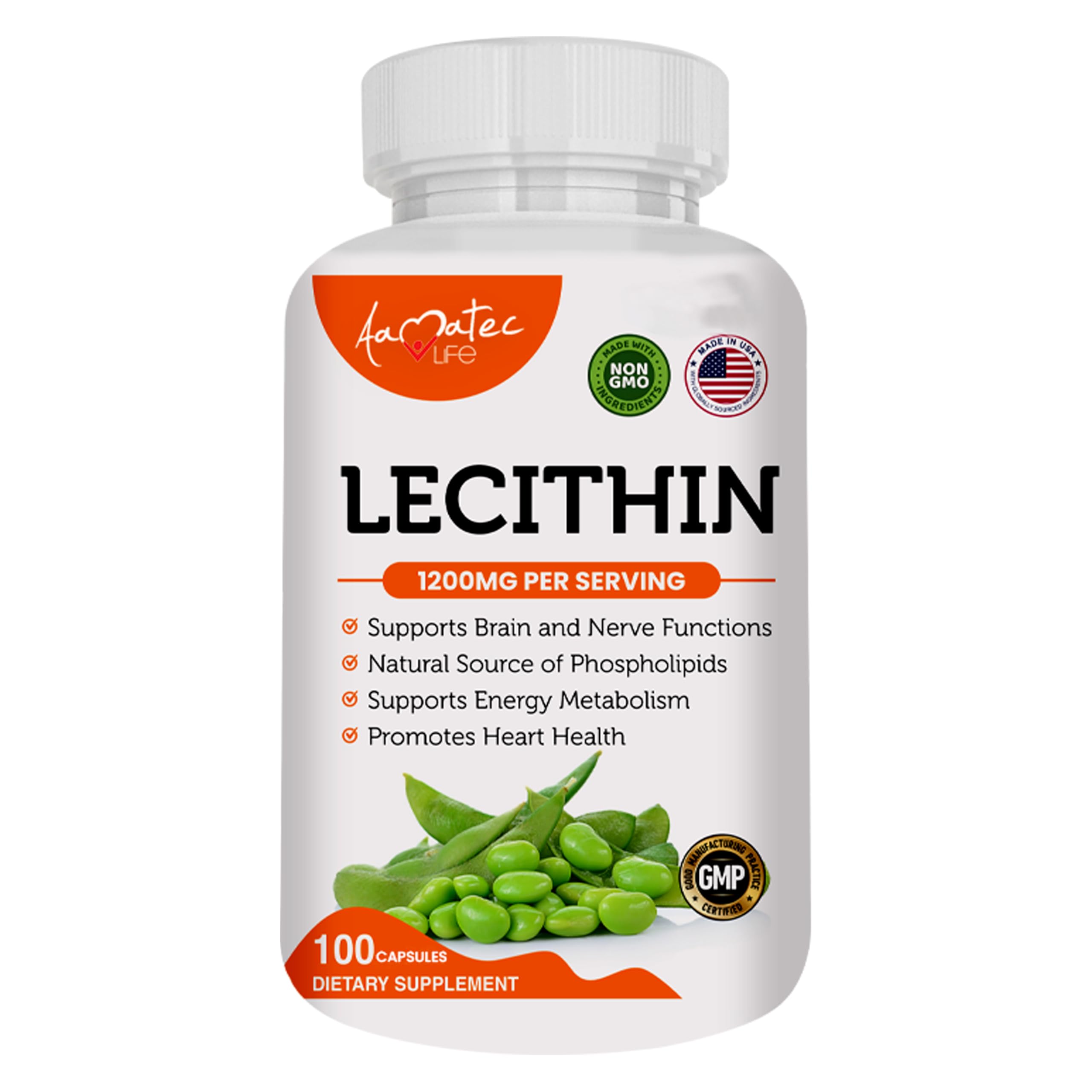 AAMATEC LIFE Soy Lecithin 1200mg capsules bottle front view