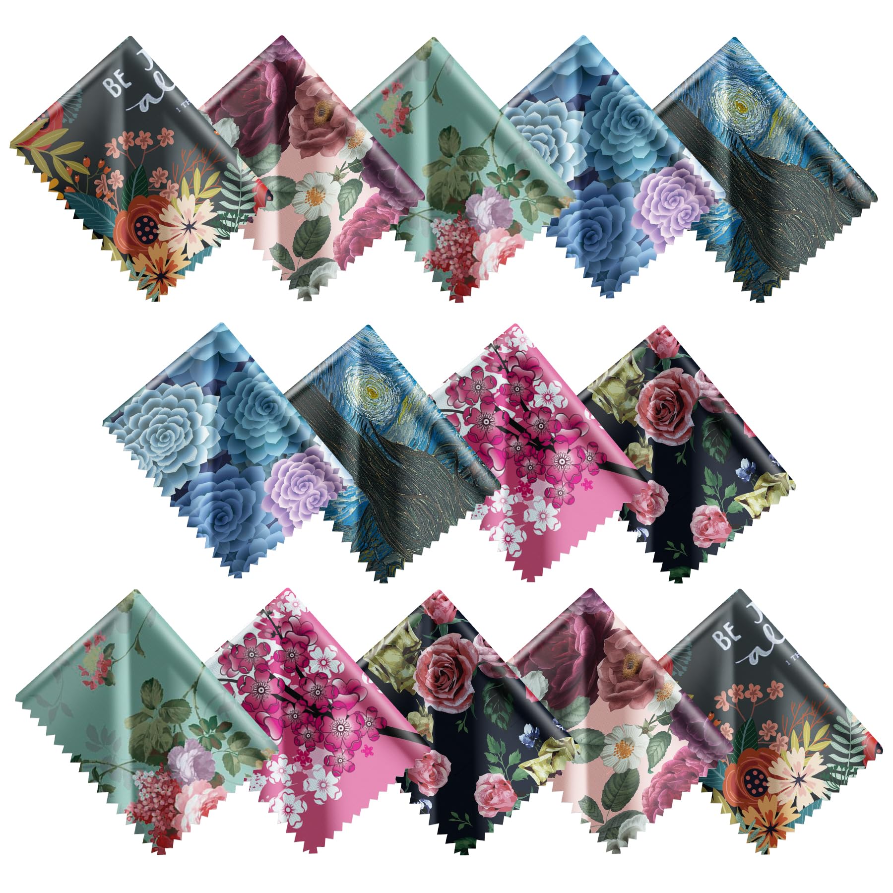 Aatacas 14-pack printed microfiber glasses cleaning cloths laid out with assorted patterns