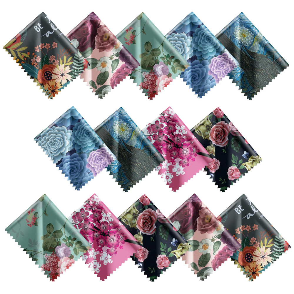 Aatacas 14-pack printed microfiber glasses cleaning cloths laid out with assorted patterns