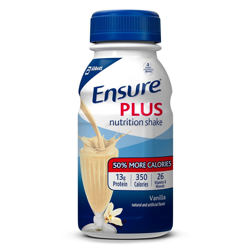 Abbott Ensure Plus Vanilla ready-to-drink bottle showing high-protein nutrition for on-the-go fueling