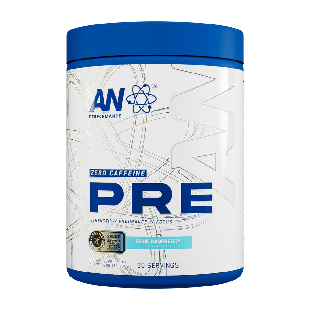ABE AN Performance blue razz tub label—caffeine-free pre-workout for focused training.