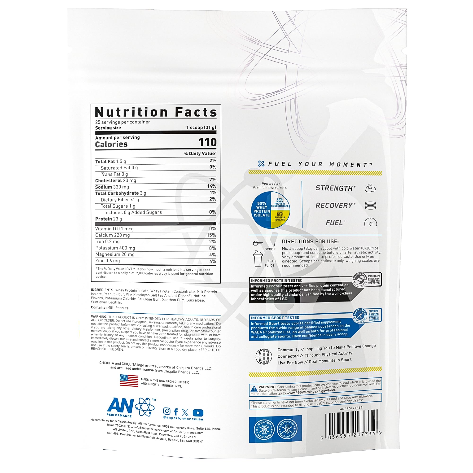 ABE AN Performance Whey shake featuring Chiquita Banana Peanut Butter flavor and high protein per serving.