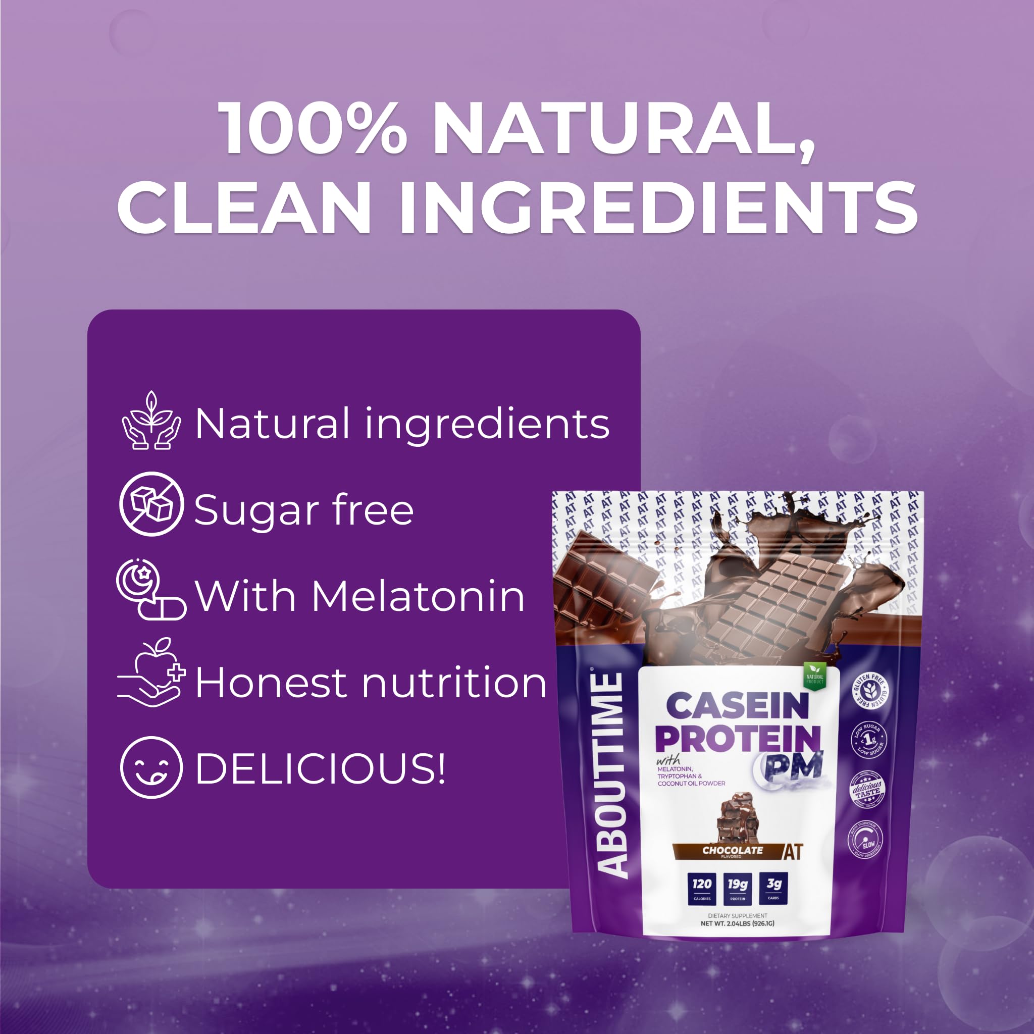 About Time Casein Chocolate ingredients micellar casein visual highlights protein source.