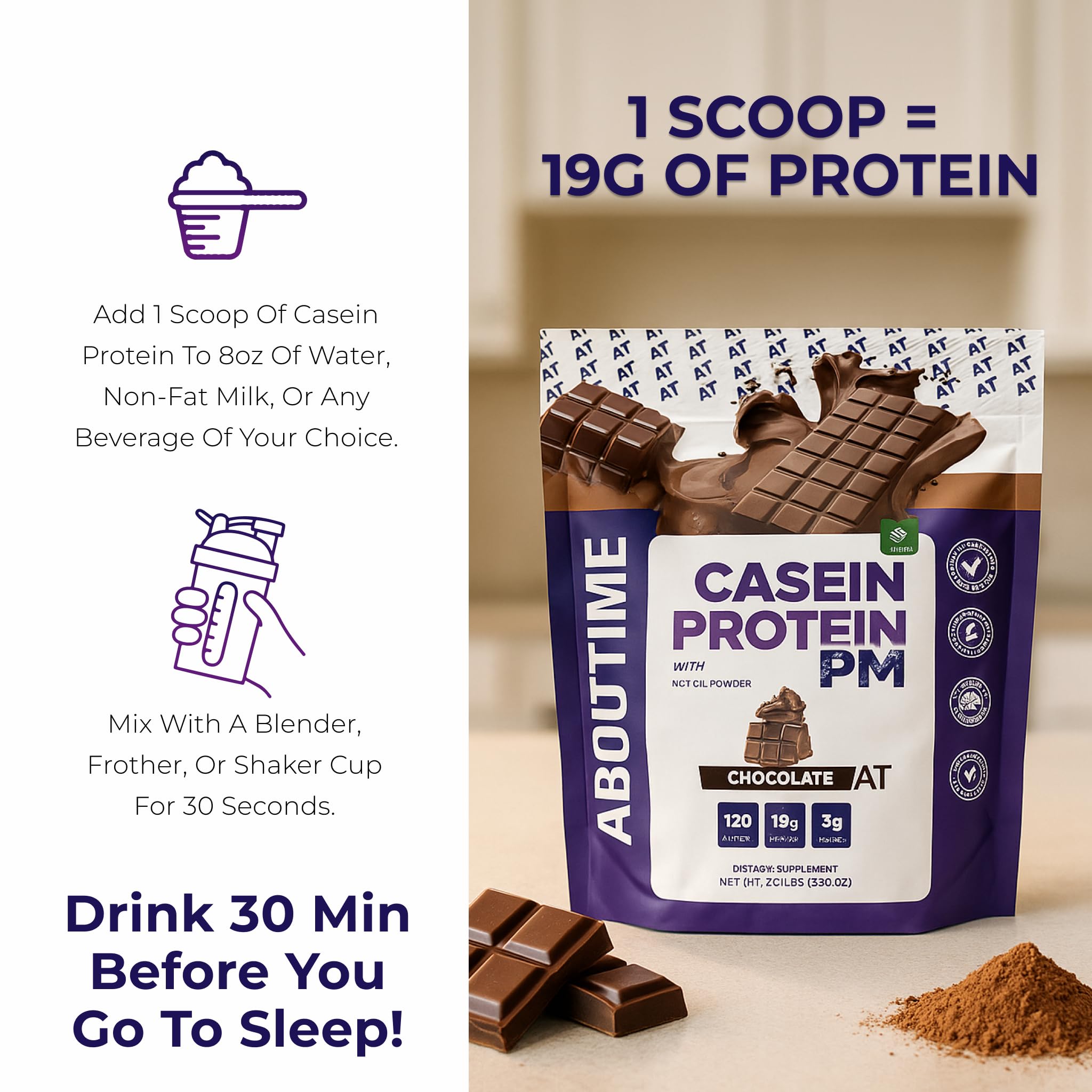 About Time Casein Chocolate melatonin-tryptophan combo suggests recovery-friendly nights.