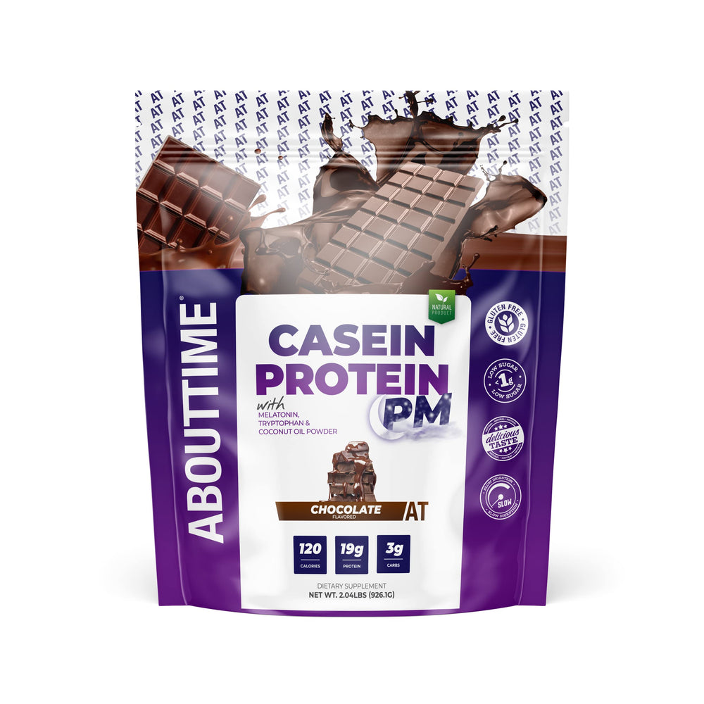 About Time Casein Chocolate tub front showing premium nighttime recovery protein.