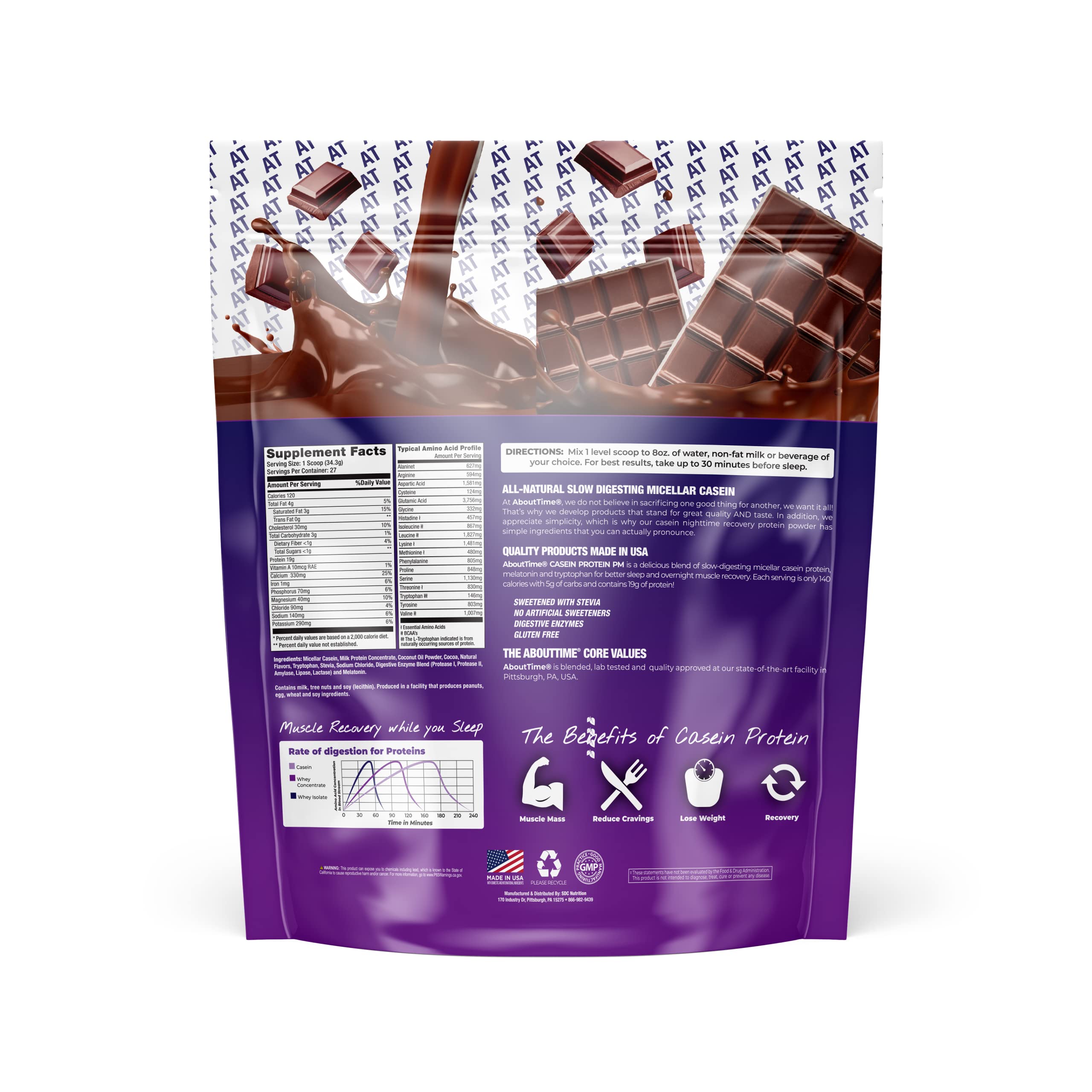 About Time Casein Chocolate label close-up highlighting non-GMO and sugar-free.