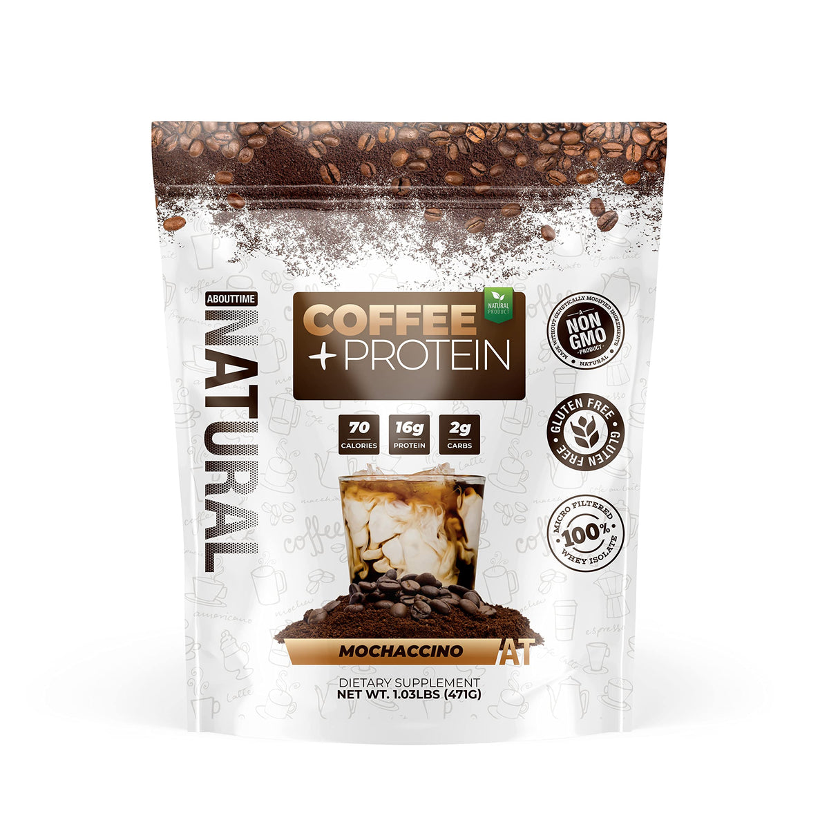 About Time Coffee + Whey Protein tub front label highlights clean ingredients and non-GMO formula