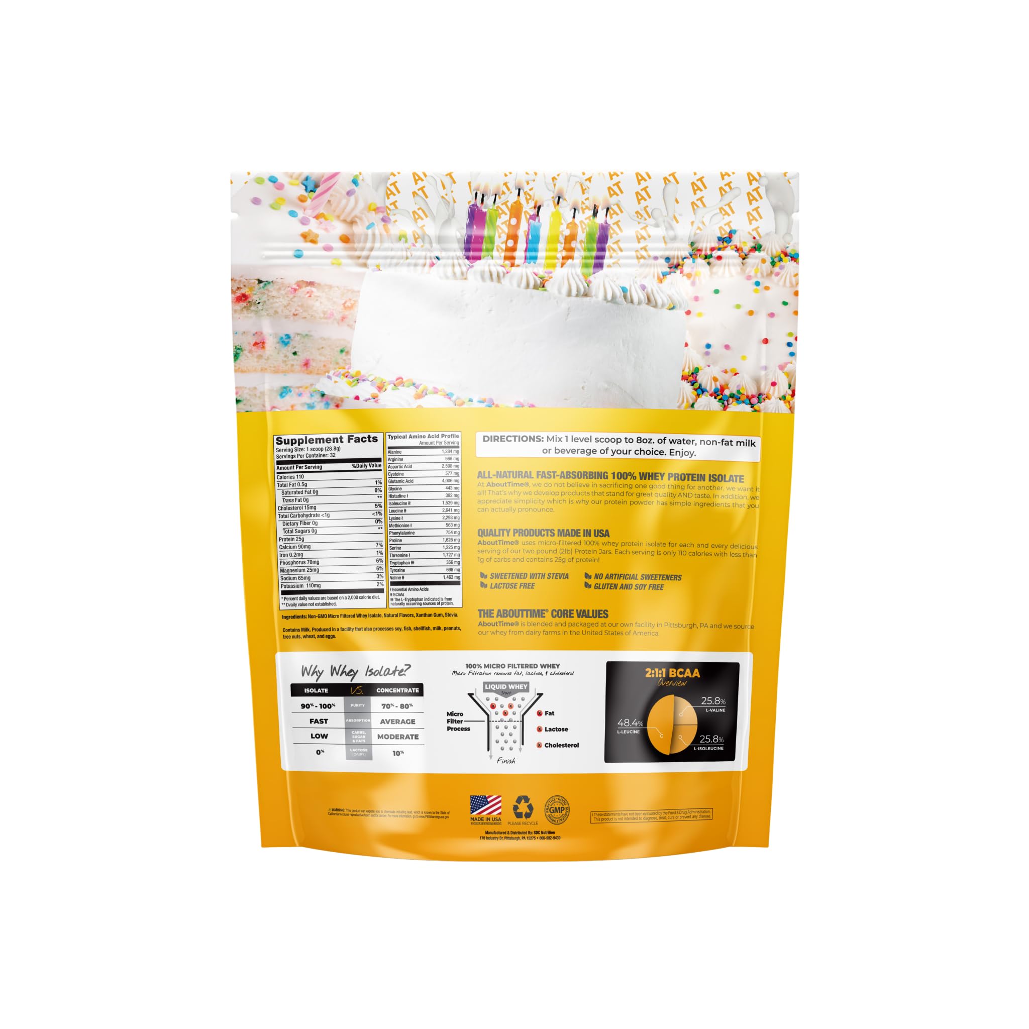 Close-up of About Time Whey Isolate Birthday Cake powder scoop