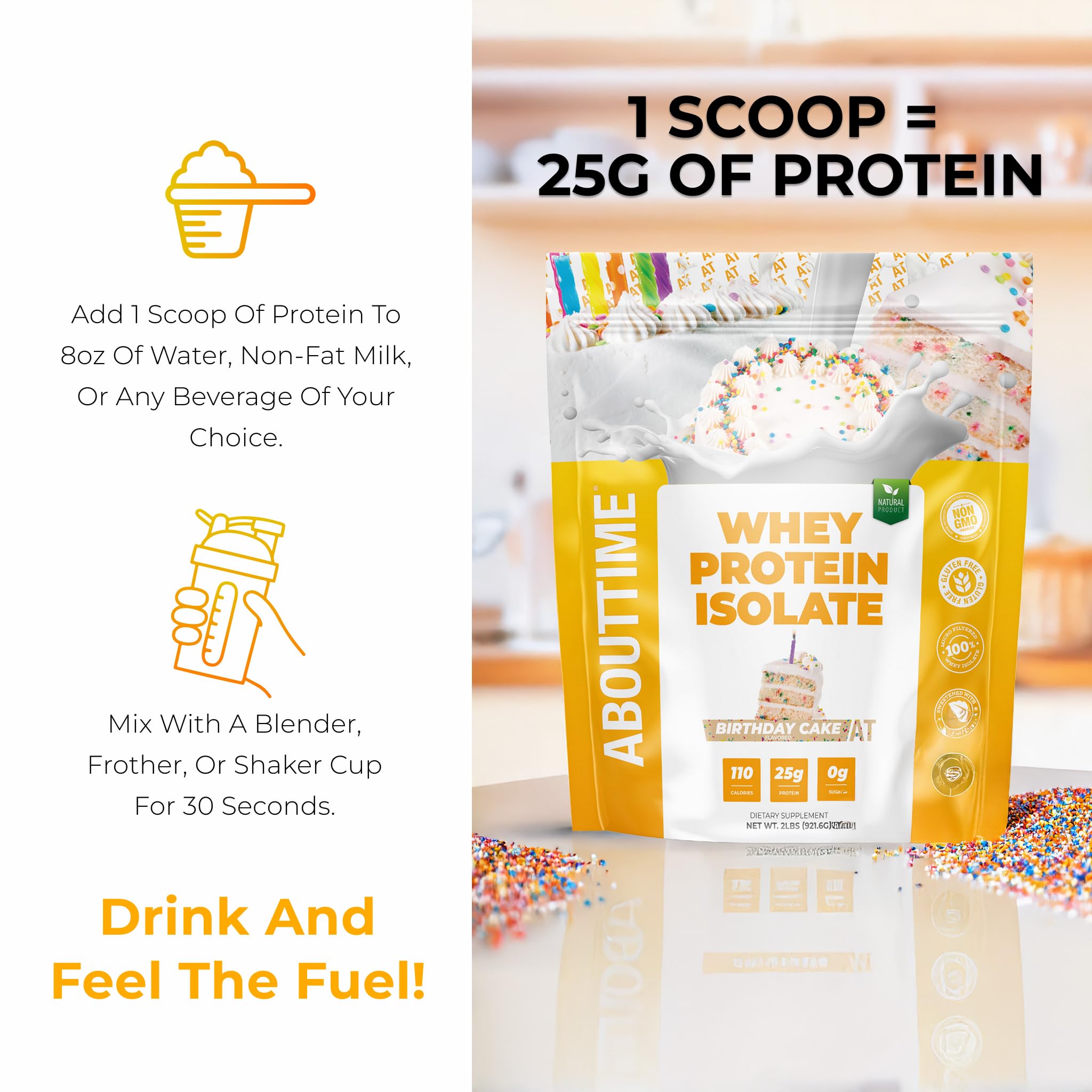 Shaker cup with Birthday Cake flavored whey isolate shake