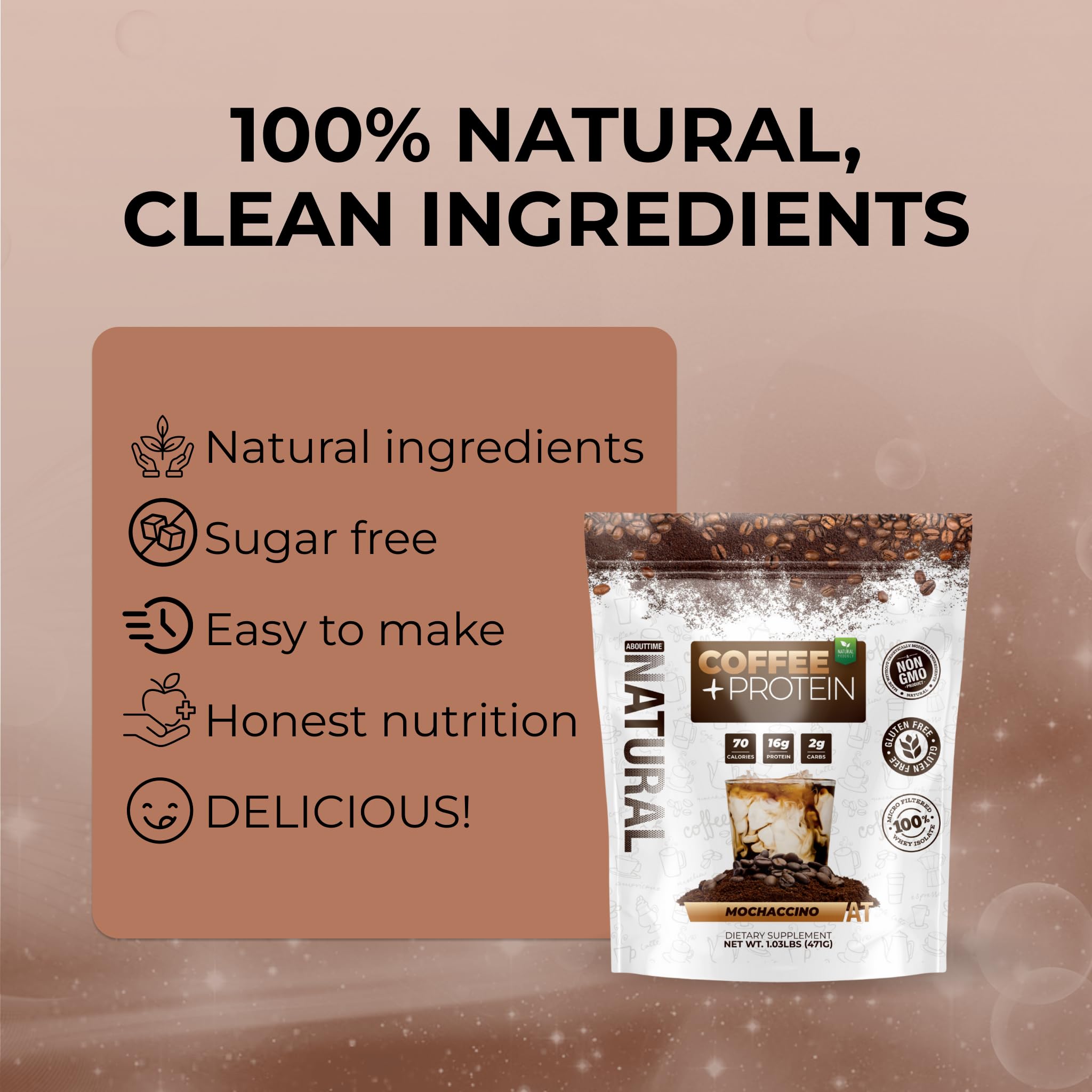 Scoop of About Time protein on kitchen counter ready for a quick post-workout shake