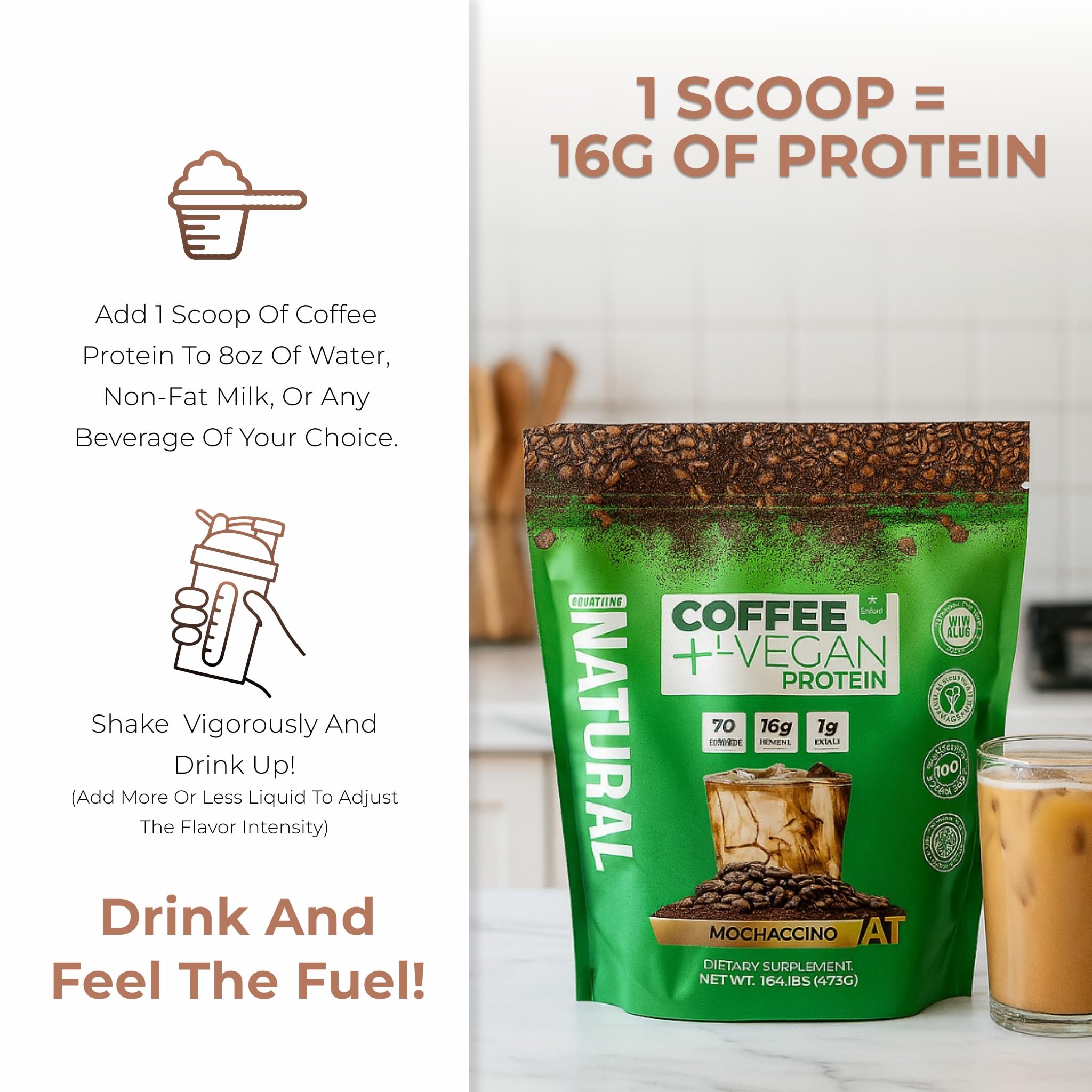 Close-up pour of prepared Coffee Mochaccino vegan protein shake.
