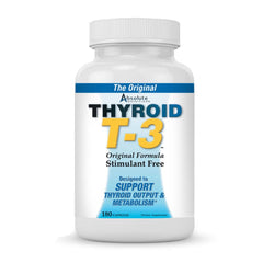Bottle of Absolute Nutrition Thyroid T-3 Support capsules on white background