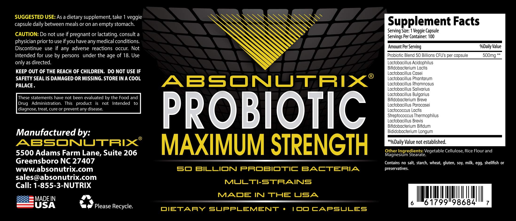 Front packaging of Absonutrix Probiotic – Made in USA