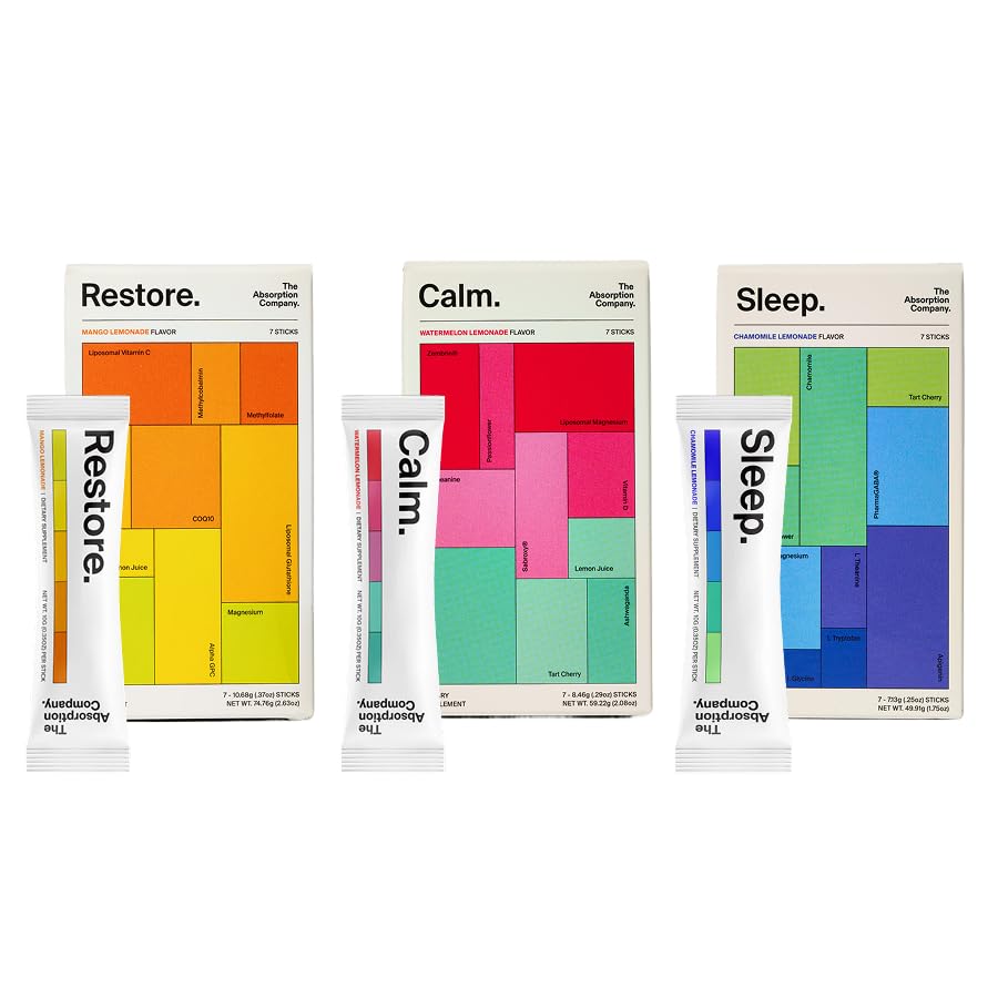 The Absorption Company Variety Pack packaging showing Sleep Aid, Electrolyte Recovery, and Calm Drink Mixes