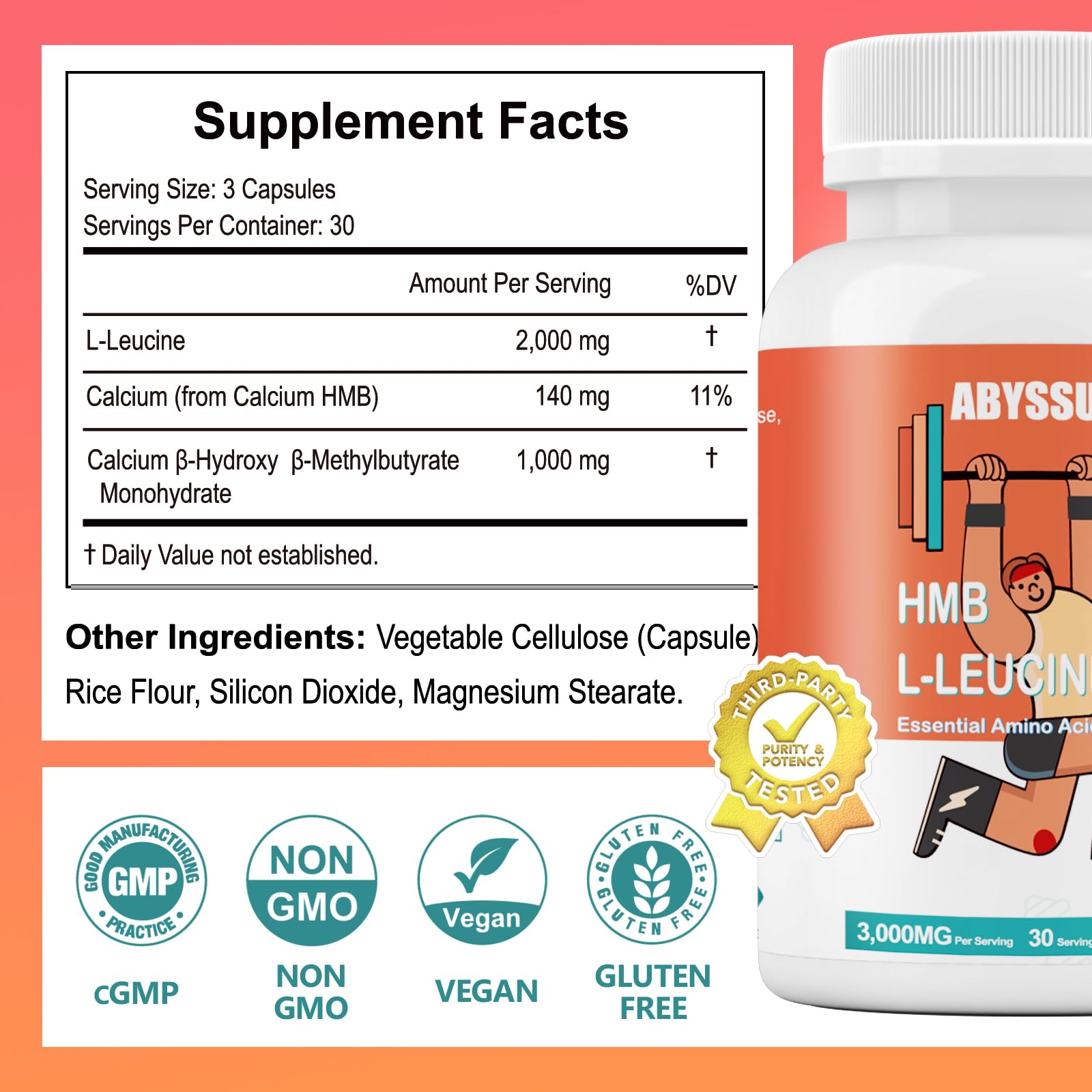 Product bottle of ABYSSUS HMB + L-Leucine 3000mg