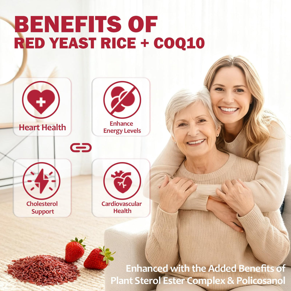 Ingredients panel highlighting plant sterols and policosanol with red yeast rice and CoQ10