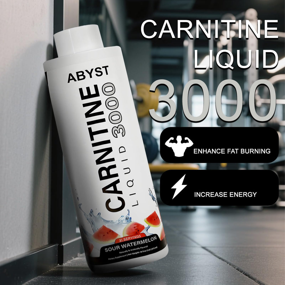 ABYST carnitine bottle beside measurement dropper for precise serving.