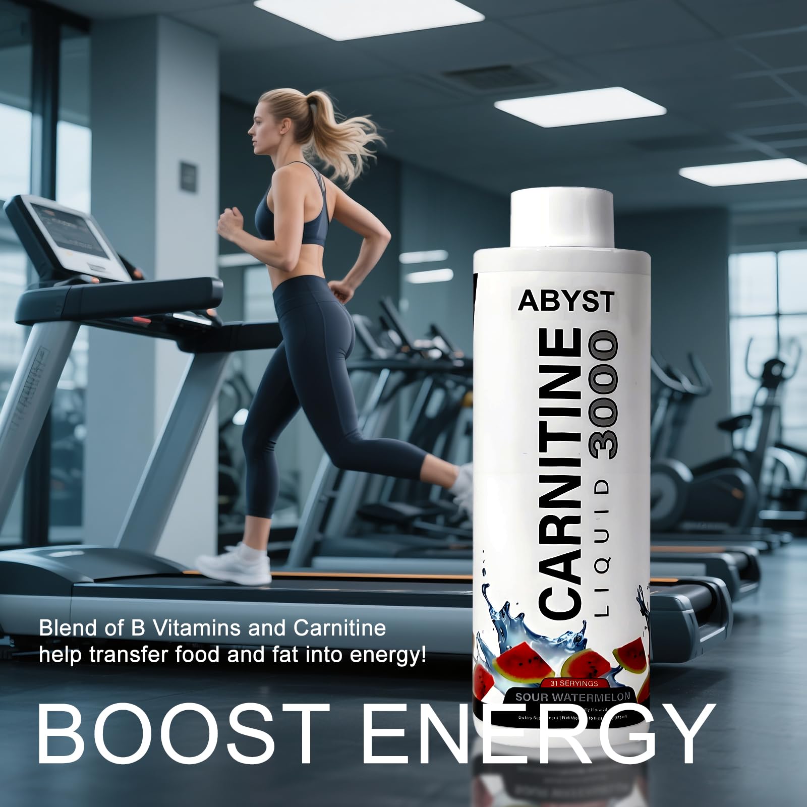 Bottle of ABYST Liquid Carnitine 31 servings for ongoing energy support.