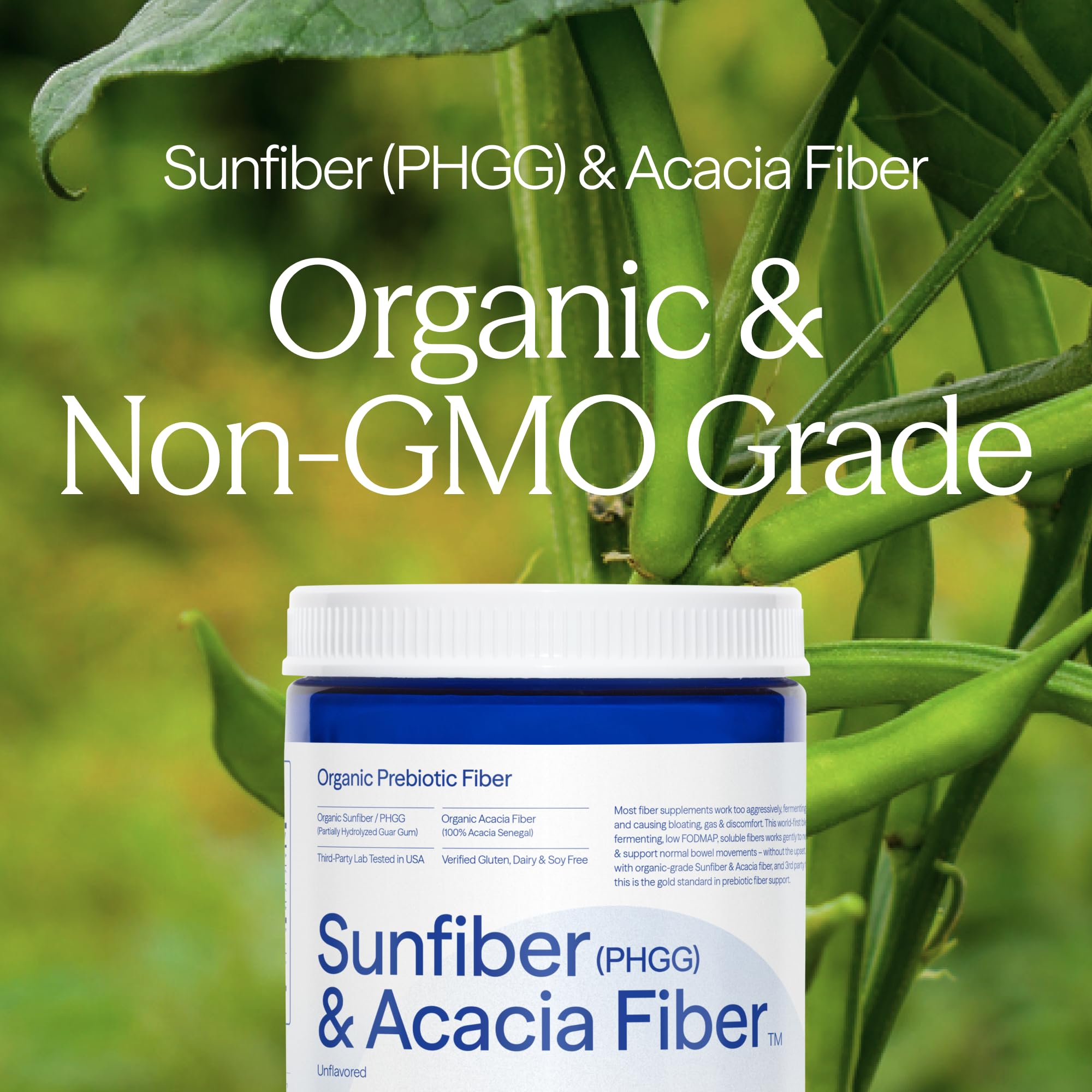 Scoop and jar of Sunfiber PHGG and acacia fiber powder