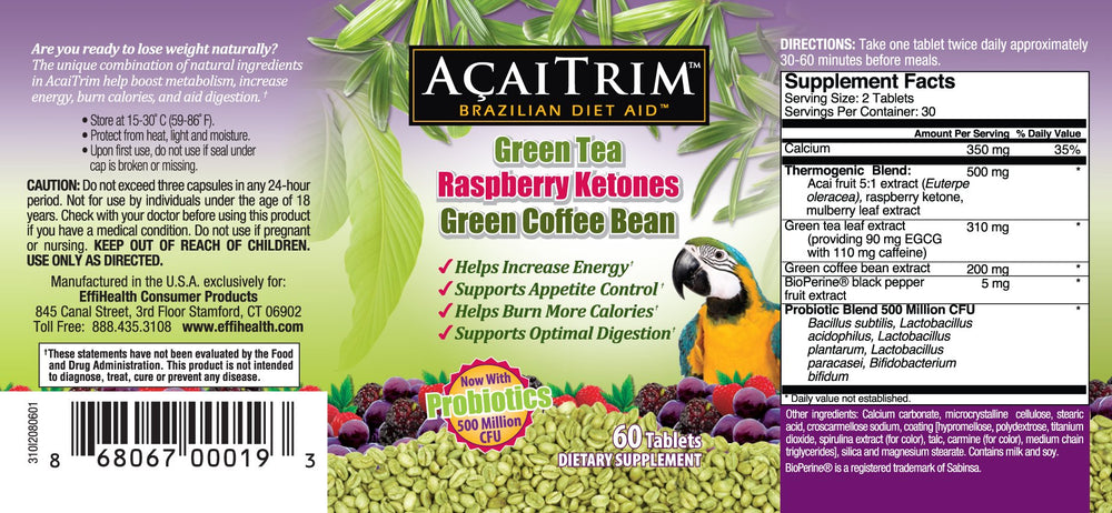 AcaiTrim bottle-back highlights probiotic blend for digestive balance.