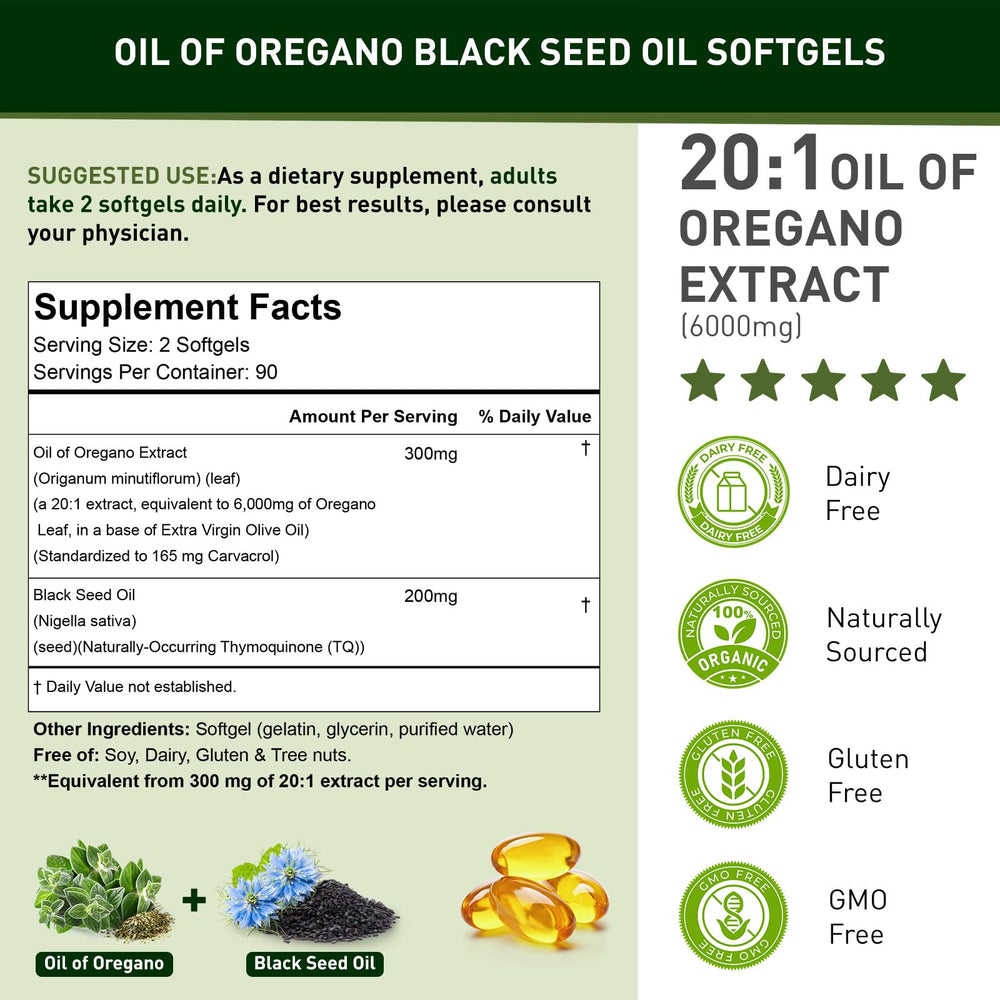 Organic oregano oil ingredients with black seed oil