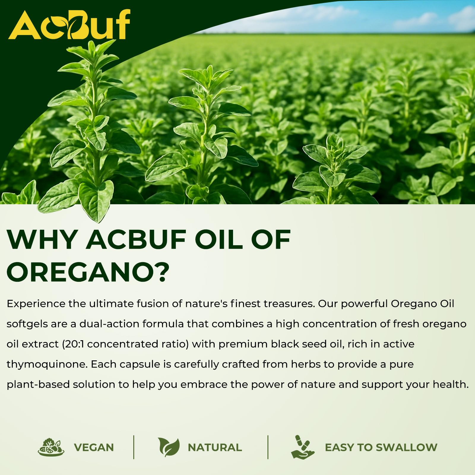 ACBUF Oil of Oregano packaging and bottle