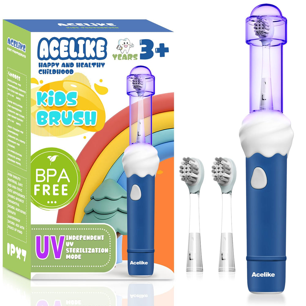 Acelike UV Self Clean Kids toothbrush in blue with soft silicone grip