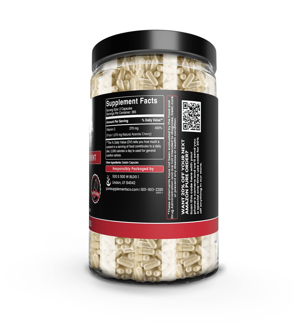 Label on Pure Original Acerola Cherry Capsules bottle