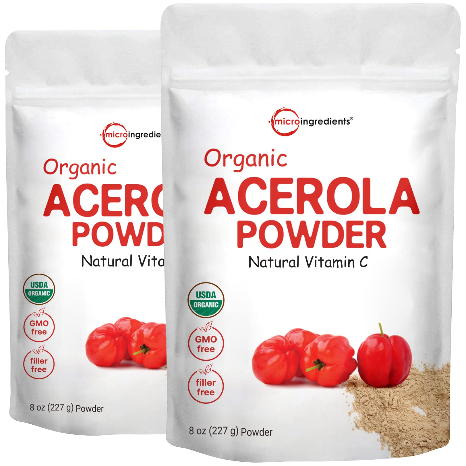 Two-pack 8 oz Organic Acerola Cherry Powder Brazil origin packaging