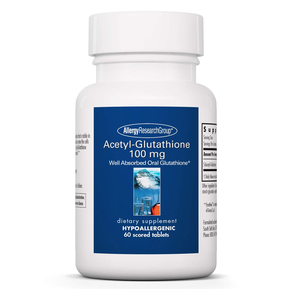 Bottle of Allergy Research Group Acetyl-Glutathione 60-count with scored tablets
