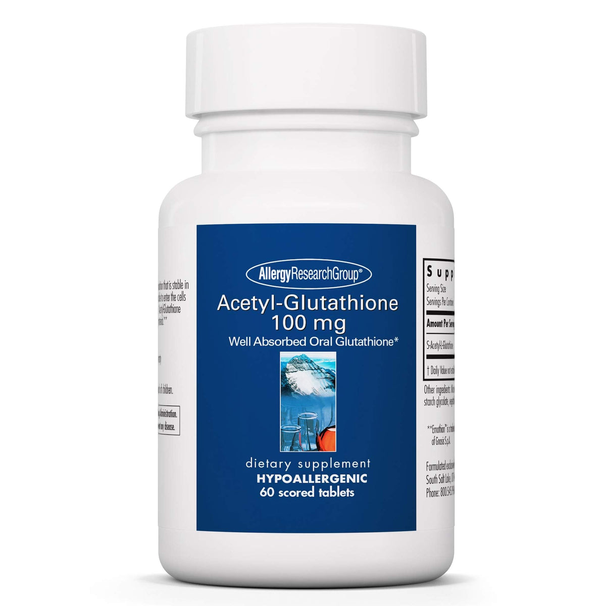 Bottle of Allergy Research Group Acetyl-Glutathione 60-count with scored tablets
