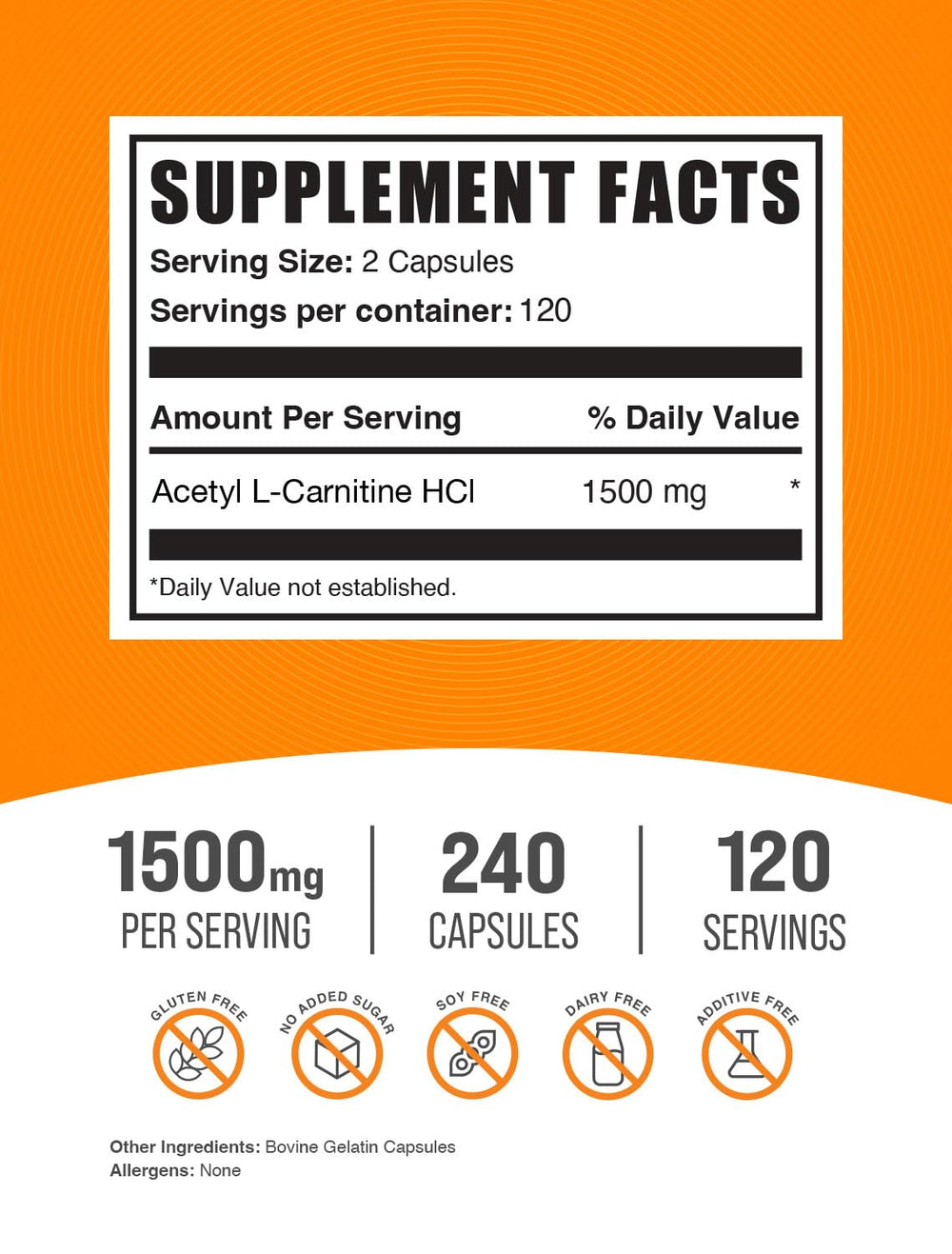 Close-up label of Acetyl L-Carnitine 1500mg capsules (ALCAR HCl)