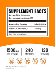 Close-up label of Acetyl L-Carnitine 1500mg capsules (ALCAR HCl)