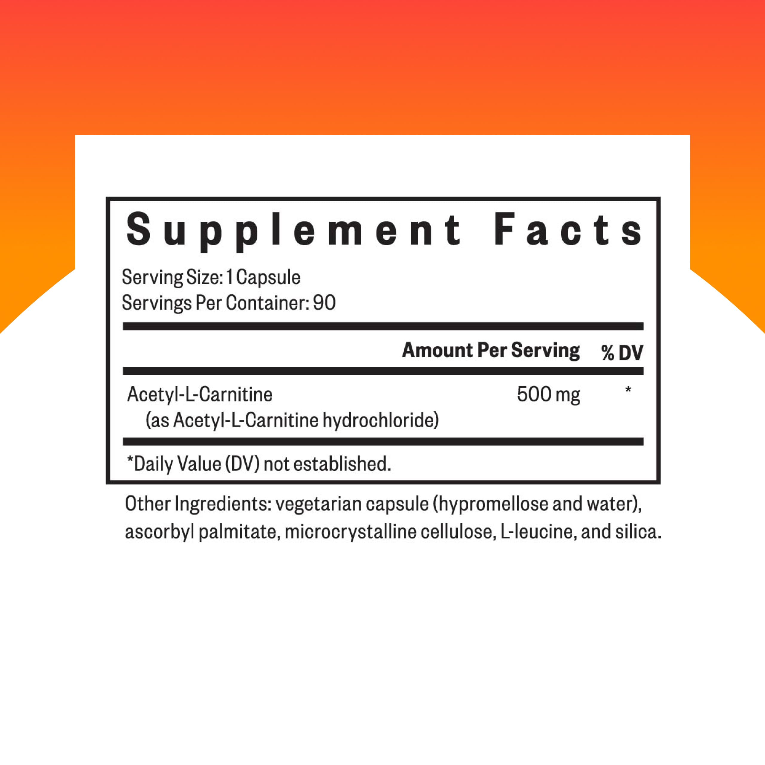 Close-up of acetyl-L-carnitine bottle label showing 500 mg