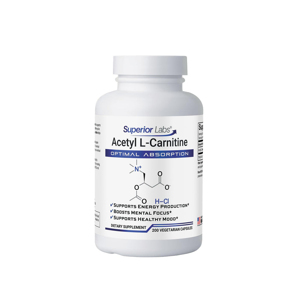 Bottle of Superior Labs Acetyl L-Carnitine 500 mg vegan capsules