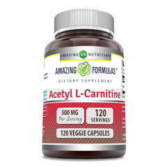 Front view of Amazing Formulas Acetyl L-Carnitine Hcl bottle with 120 veggie capsules.