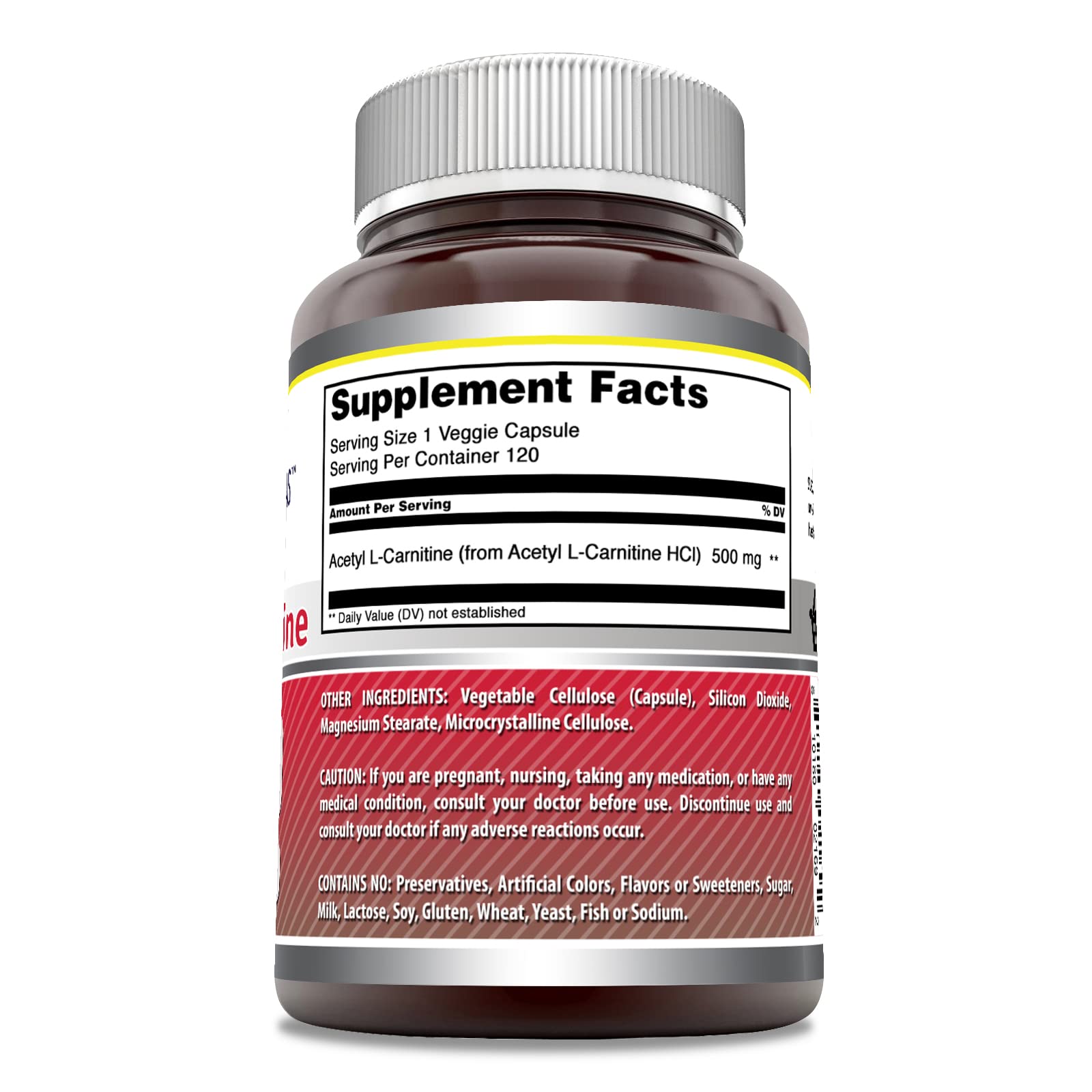 Bottle label showing 500 mg Acetyl L-Carnitine Hcl and Non-GMO, Gluten Free.
