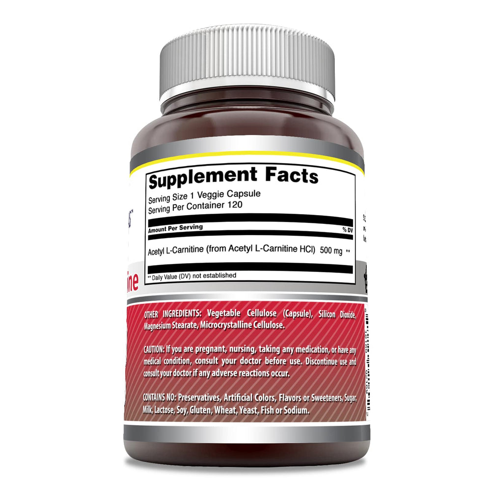 Bottle label showing 500 mg Acetyl L-Carnitine Hcl and Non-GMO, Gluten Free.