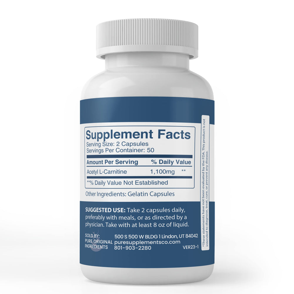 Label showing single-ingredient Acetyl L-Carnitine ingredients