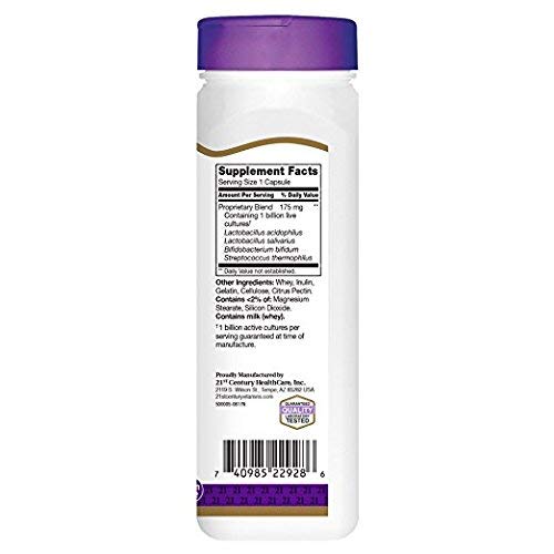 Close-up of probiotic capsules and bottle label